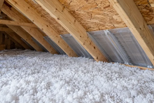 Level loose-fill insulation below roof framing