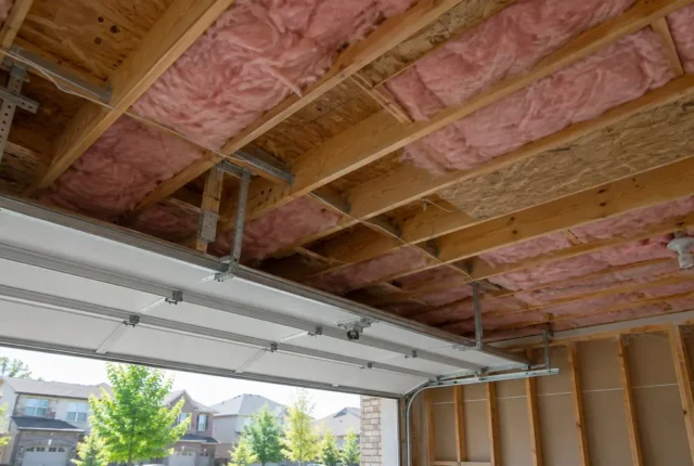 Open garage ceiling with insulation between joists