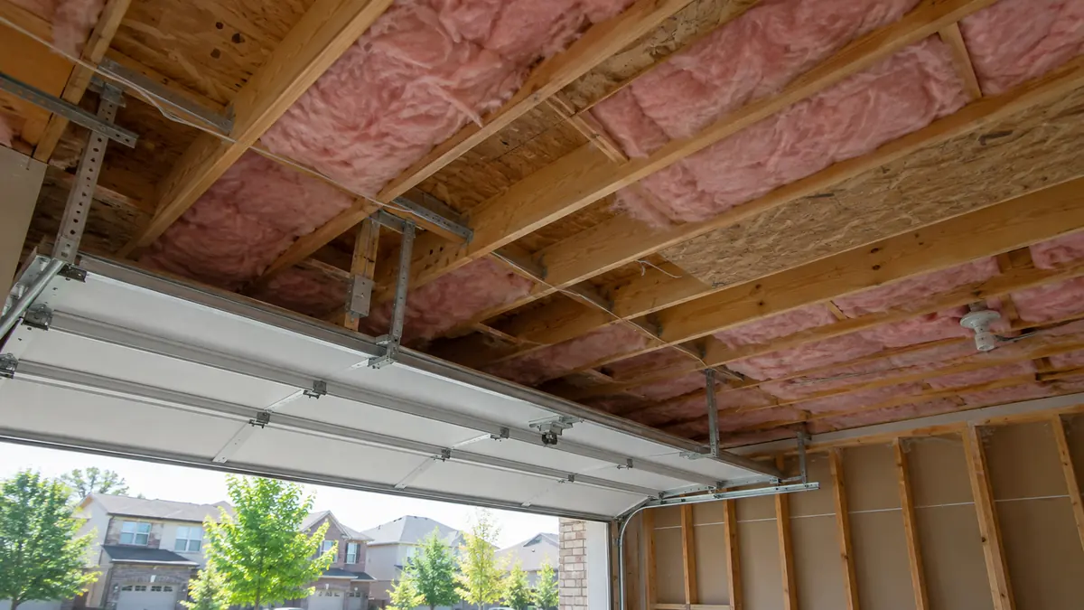 Open garage ceiling with insulation between joists