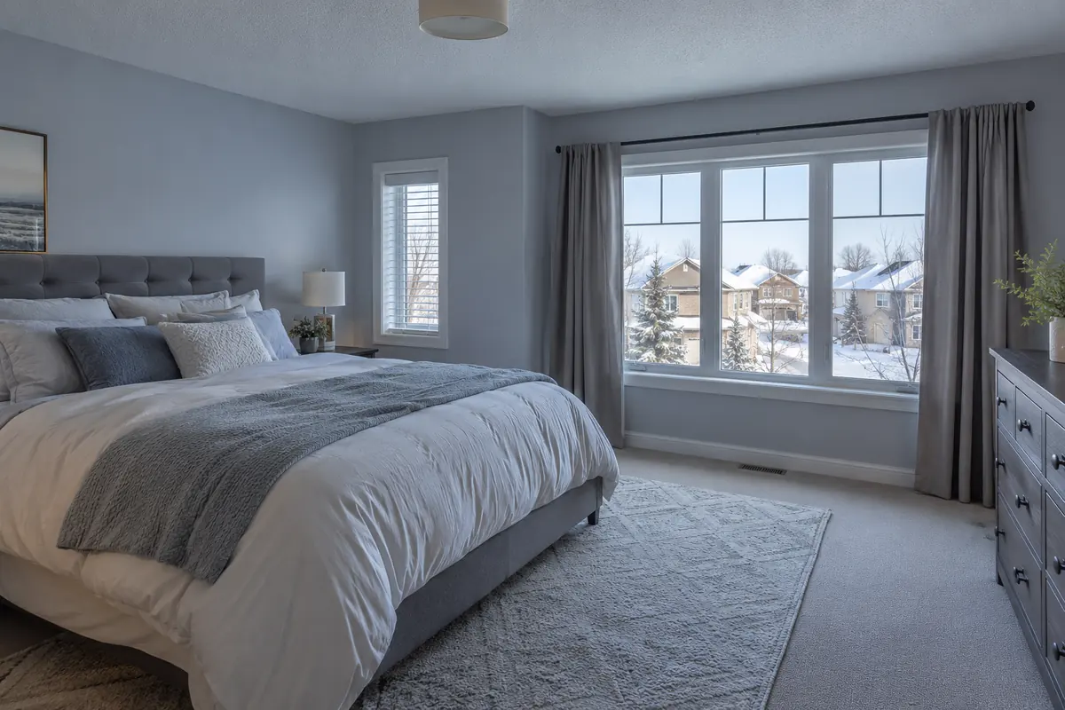 Upper-floor bedroom with winter daylight