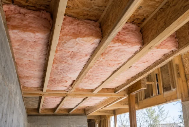 Fibreglass insulation along side-attic framing
