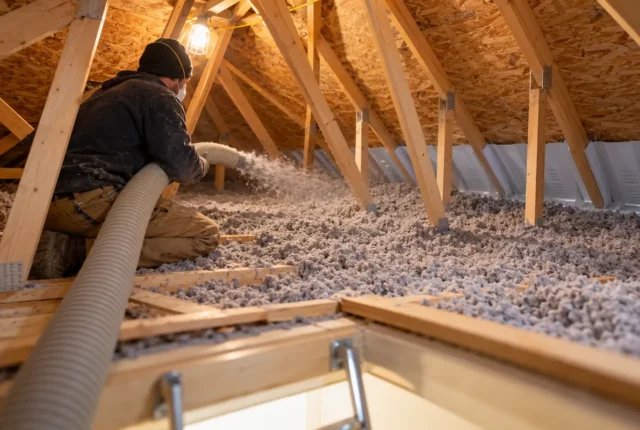 Insulation hose across residential attic floor