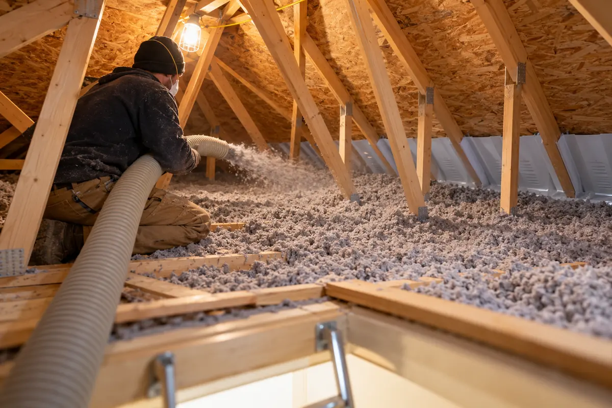 Insulation hose across residential attic floor