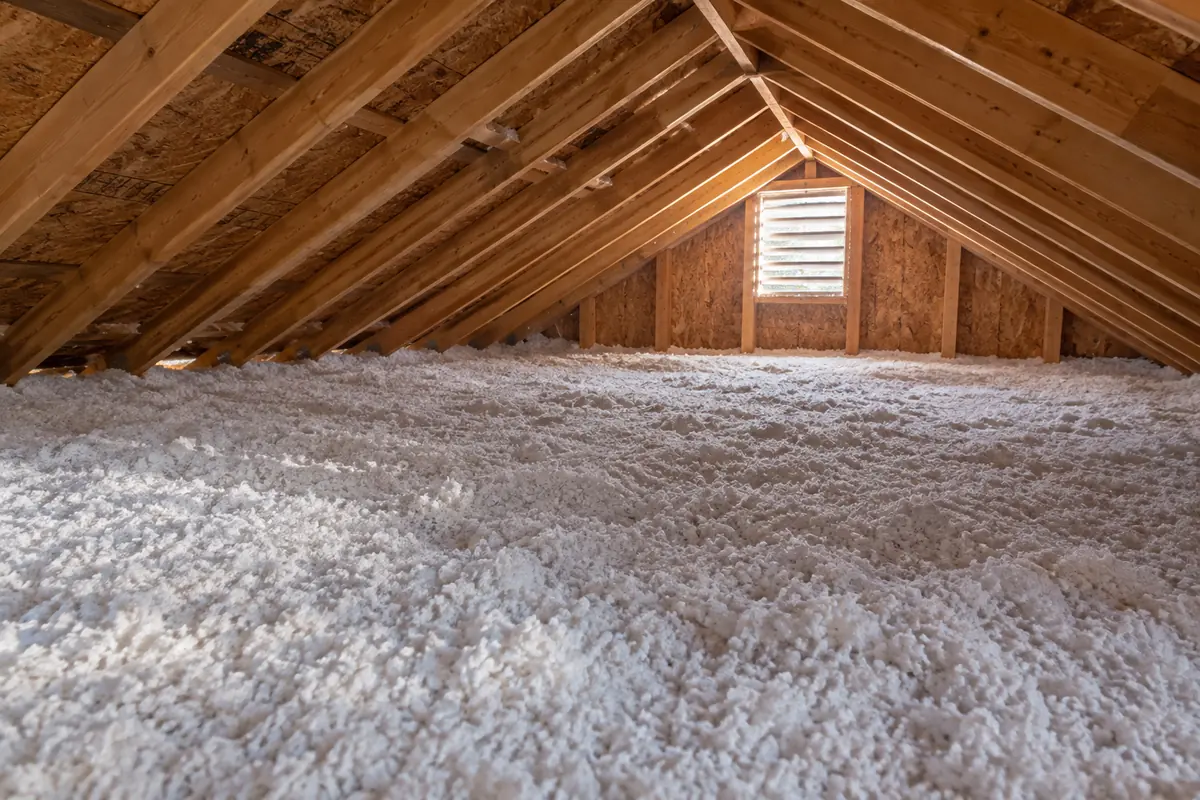 Loose-fill insulation spread across attic floor