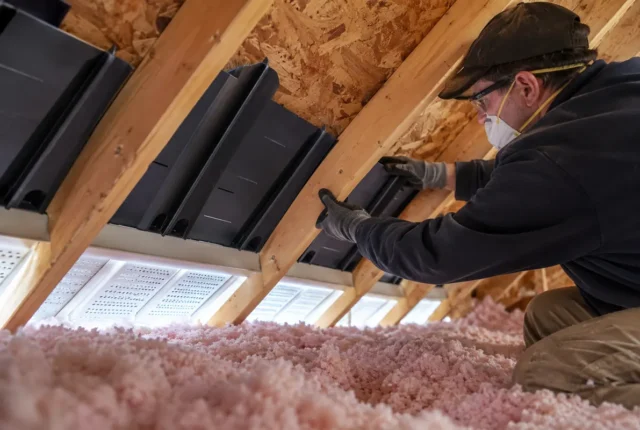 Technician working at attic ventilation baffle