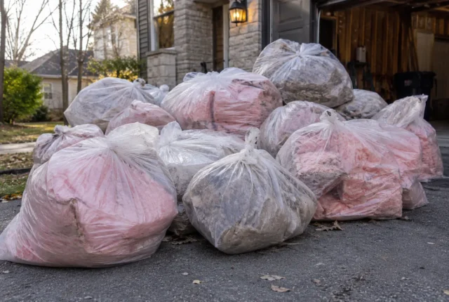 Bagged removed insulation outside home