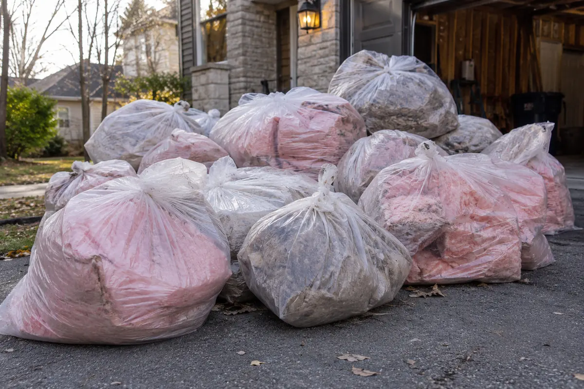 Bagged removed insulation outside home
