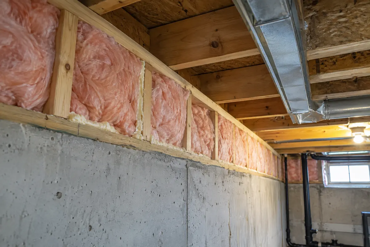 Basement wall insulation below framed floor