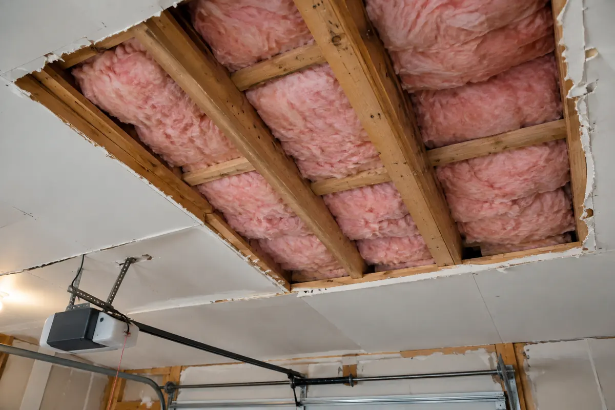 Open garage ceiling with fibreglass batts