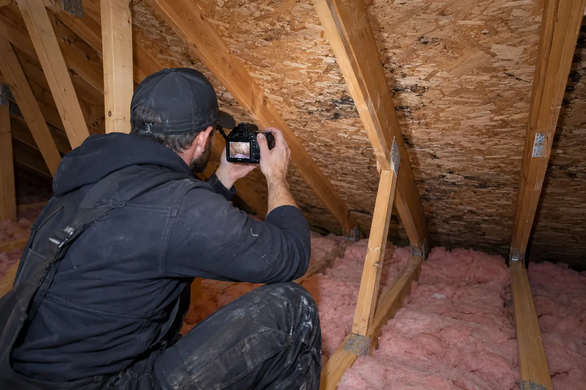 Worker documenting attic roof sheathing