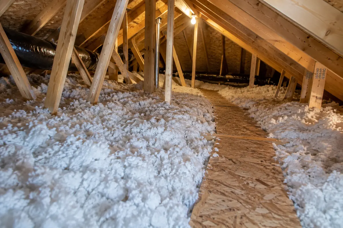 Fibreglass loose fill beside attic walkway