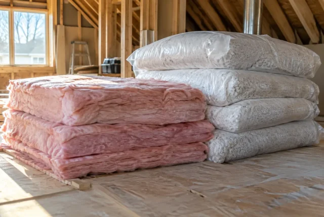 Insulation material bags beside attic work area
