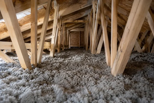 Loose fill around pitched-roof trusses