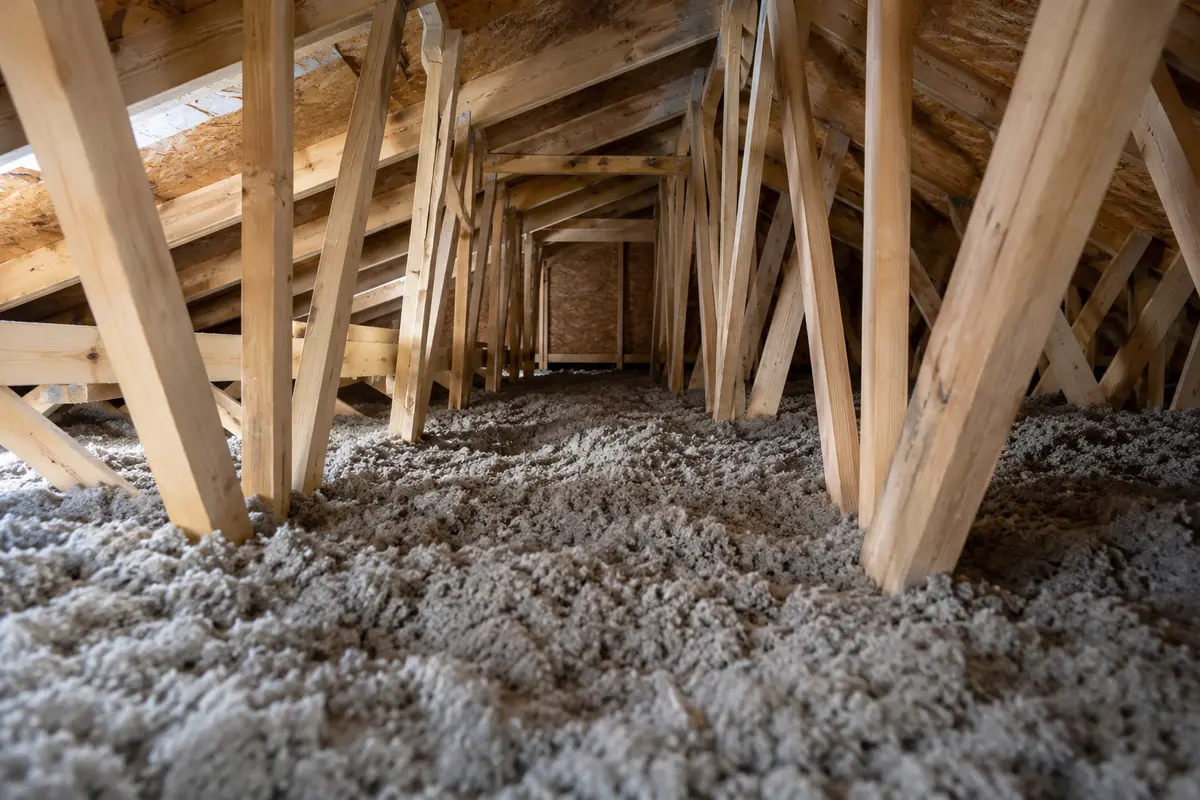 Loose fill around pitched-roof trusses