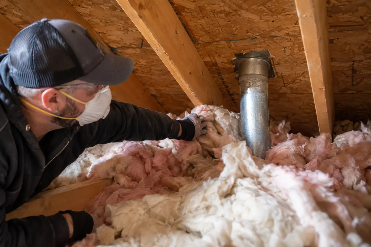 Worker inspecting ceiling penetration in attic