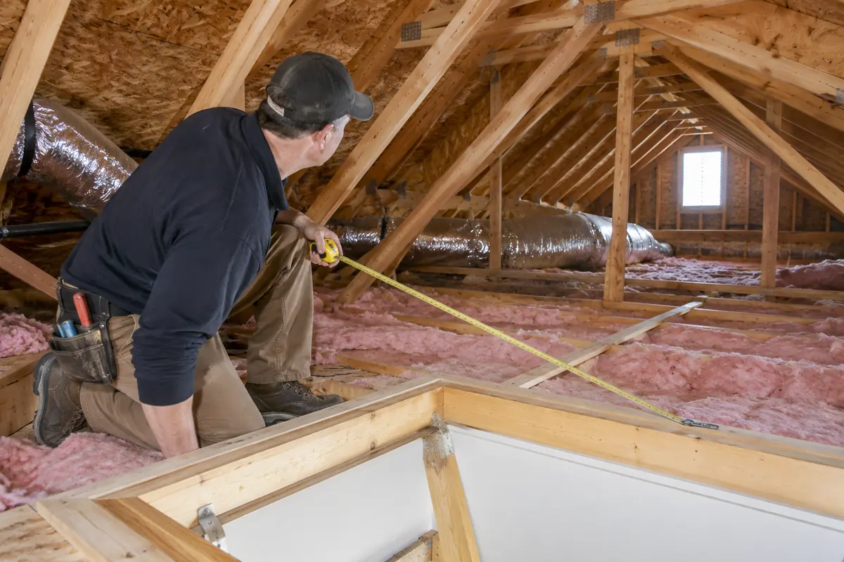 Contractor checking attic through access opening