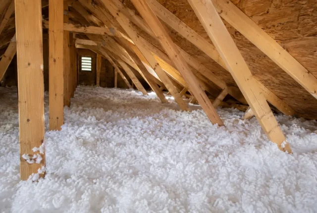 Fresh loose-fill insulation below roof framing