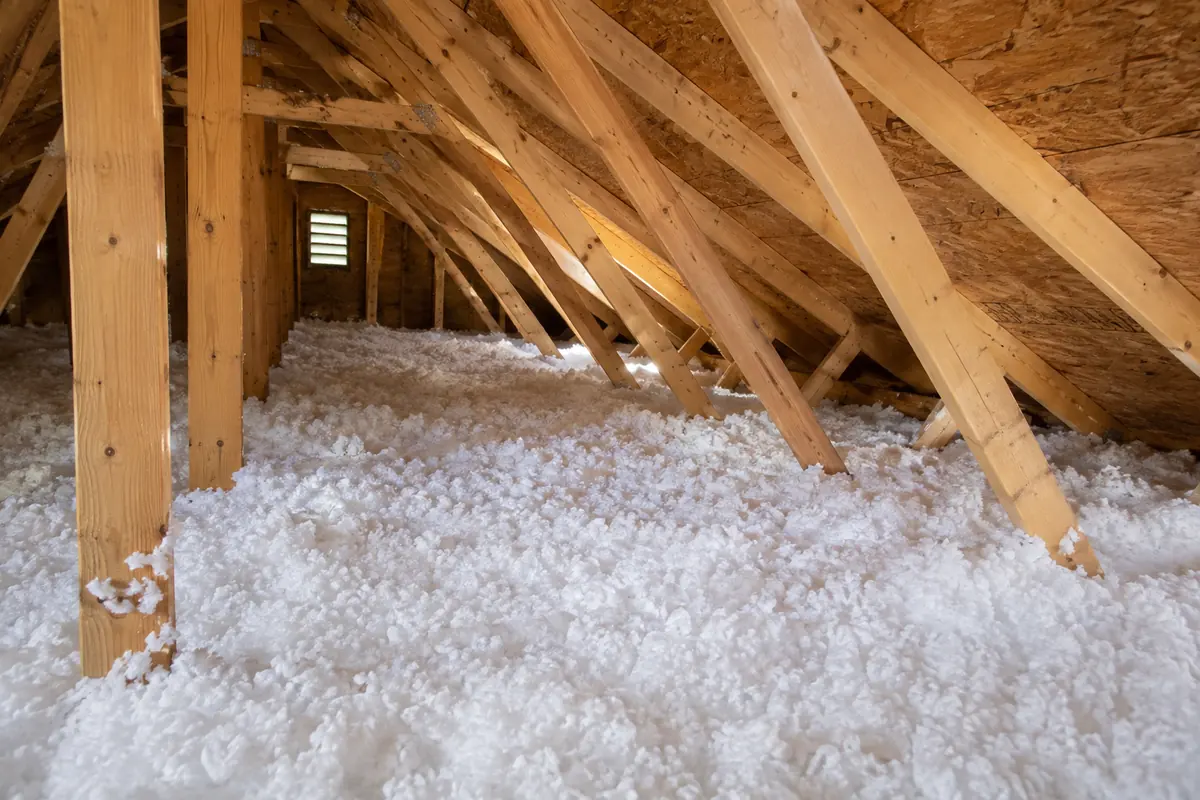 Fresh loose-fill insulation below roof framing