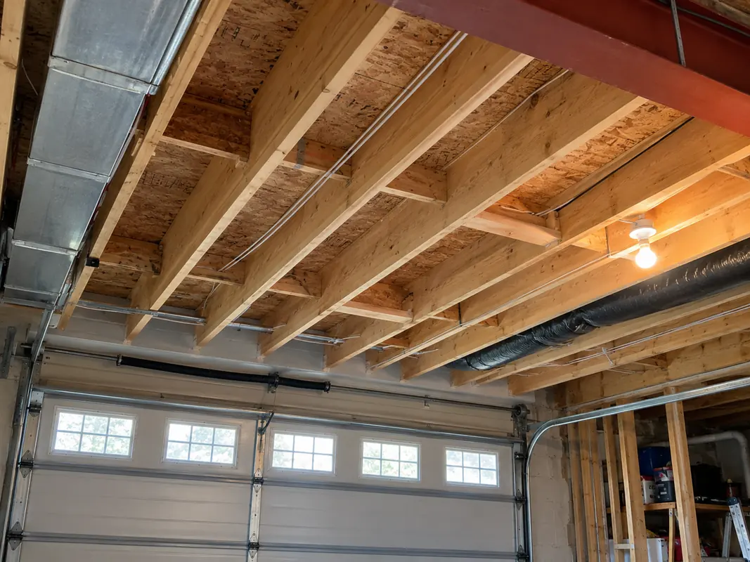 Open garage ceiling beneath room