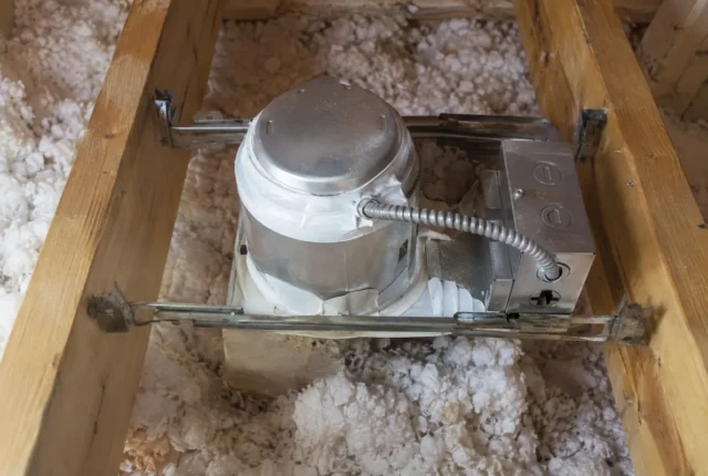 Bathroom exhaust housing seen from attic