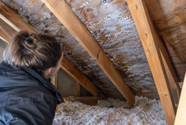 Worker assessing roof sheathing in attic
